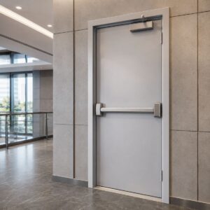 Puerta cortafuego de acero instalada como sistema de compartimentación y protección pasiva contra incendio